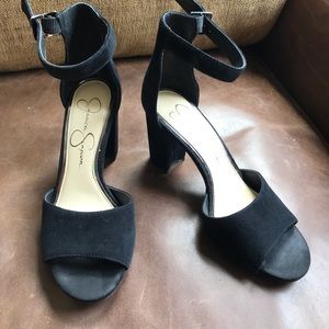 Black suede block heel sandals